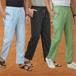 Combo of 3 Men Stripe Cotton Handloom Pant Black Olive Green and Sky Blue-15161