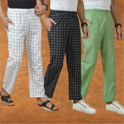 Combo of 3 Men Stripe Cotton Handloom Pant Black Olive Green and White-15277