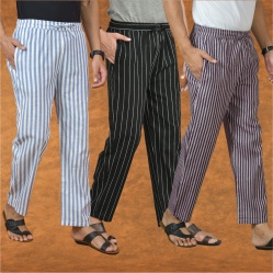 Combo of 3 Men Stripe Cotton Handloom Pant Black Purple and Blue-15254