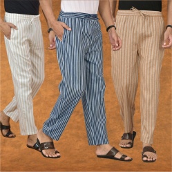 Combo of 3 Men Stripe Cotton Handloom Pant Blue Beige and Beige-15357