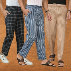 Combo of 3 Men Stripe Cotton Handloom Pant Blue Beige and Black-15421