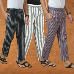 Combo of 3 Men Stripe Cotton Handloom Pant Blue Beige and Black-15442