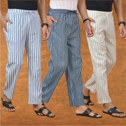 Combo of 3 Men Stripe Cotton Handloom Pant Blue Beige and Blue-15218