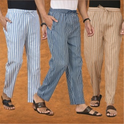 Combo of 3 Men Stripe Cotton Handloom Pant Blue Beige and Blue-15257