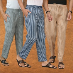 Combo of 3 Men Stripe Cotton Handloom Pant Blue Beige and Gray-15457