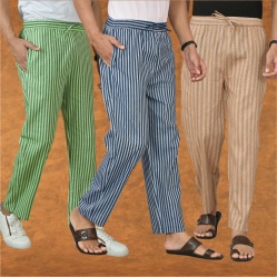 Combo of 3 Men Stripe Cotton Handloom Pant Blue Beige and Olive Green-15393