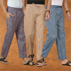 Combo of 3 Men Stripe Cotton Handloom Pant Blue Beige and Purple-15467