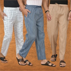Combo of 3 Men Stripe Cotton Handloom Pant Blue Beige and White-15312