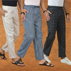 Combo of 3 Men Stripe Cotton Handloom Pant Blue Black and Beige-15335