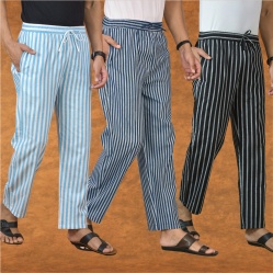 Combo of 3 Men Stripe Cotton Handloom Pant Blue Black and Sky Blue-15175