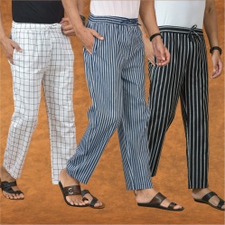 Combo of 3 Men Stripe Cotton Handloom Pant Blue Black and White-15297