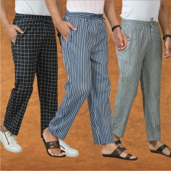 Combo of 3 Men Stripe Cotton Handloom Pant Blue Gray and Black-15412