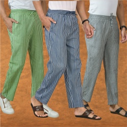 Combo of 3 Men Stripe Cotton Handloom Pant Blue Gray and Olive Green-15384