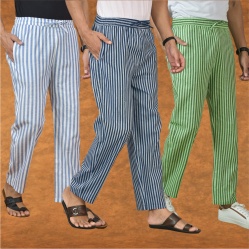 Combo of 3 Men Stripe Cotton Handloom Pant Blue Olive Green and Blue-15227