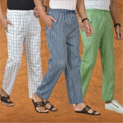 Combo of 3 Men Stripe Cotton Handloom Pant Blue Olive Green and White-15282