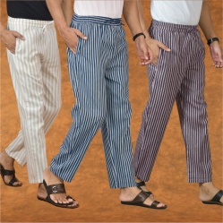 Combo of 3 Men Stripe Cotton Handloom Pant Blue Purple and Beige-15353