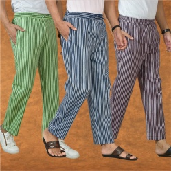 Combo of 3 Men Stripe Cotton Handloom Pant Blue Purple and Olive Green-15389