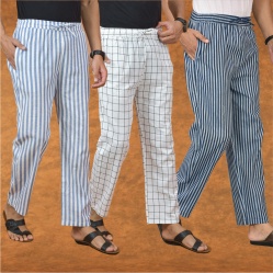 Combo of 3 Men Stripe Cotton Handloom Pant Blue White and Blue-15207