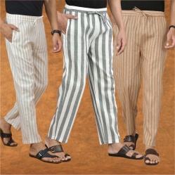 Combo of 3 Men Stripe Cotton Handloom Pant Gray Beige and Beige-15360