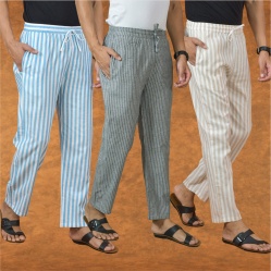 Combo of 3 Men Stripe Cotton Handloom Pant Gray Beige and Sky Blue-15148