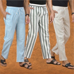 Combo of 3 Men Stripe Cotton Handloom Pant Gray Beige and Sky Blue-15154