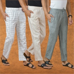 Combo of 3 Men Stripe Cotton Handloom Pant Gray Beige and White-15270