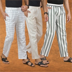 Combo of 3 Men Stripe Cotton Handloom Pant Gray Beige and White-15276