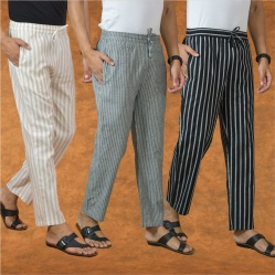 Combo of 3 Men Stripe Cotton Handloom Pant Gray Black and Beige-15339