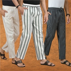 Combo of 3 Men Stripe Cotton Handloom Pant Gray Black and Beige-15345