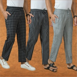 Combo of 3 Men Stripe Cotton Handloom Pant Gray Black and Black-15403