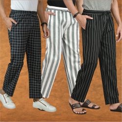 Combo of 3 Men Stripe Cotton Handloom Pant Gray Black and Black-15429