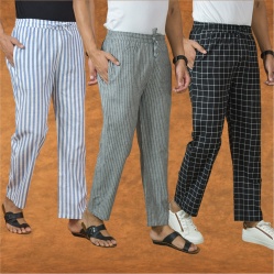 Combo of 3 Men Stripe Cotton Handloom Pant Gray Black and Blue-15232