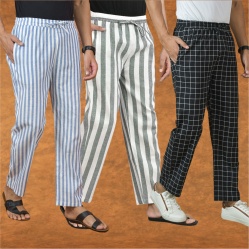 Combo of 3 Men Stripe Cotton Handloom Pant Gray Black and Blue-15238