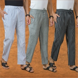 Combo of 3 Men Stripe Cotton Handloom Pant Gray Black and Blue-15239