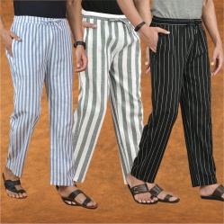Combo of 3 Men Stripe Cotton Handloom Pant Gray Black and Blue-15265