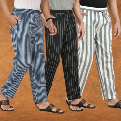 Combo of 3 Men Stripe Cotton Handloom Pant Gray Black and Blue-15484