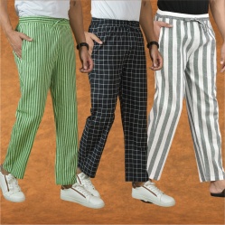 Combo of 3 Men Stripe Cotton Handloom Pant Gray Black and Olive Green-15374