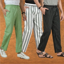 Combo of 3 Men Stripe Cotton Handloom Pant Gray Black and Olive Green-15401