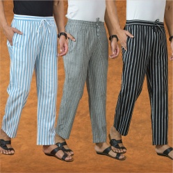 Combo of 3 Men Stripe Cotton Handloom Pant Gray Black and Sky Blue-15172