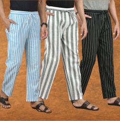 Combo of 3 Men Stripe Cotton Handloom Pant Gray Black and Sky Blue-15198