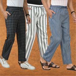 Combo of 3 Men Stripe Cotton Handloom Pant Gray Blue and Black-15427