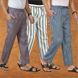 Combo of 3 Men Stripe Cotton Handloom Pant Gray Blue and Purple-15473