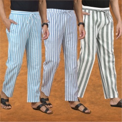 Combo of 3 Men Stripe Cotton Handloom Pant Gray Blue and Sky Blue-15133