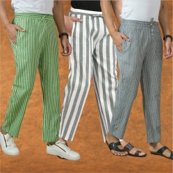 Combo of 3 Men Stripe Cotton Handloom Pant Gray Gray and Olive Green-15387