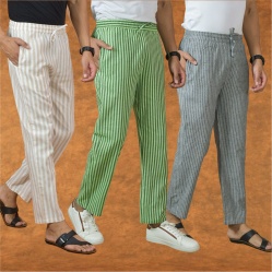 Combo of 3 Men Stripe Cotton Handloom Pant Gray Olive Green and Beige-15324