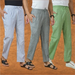 Combo of 3 Men Stripe Cotton Handloom Pant Gray Olive Green and Blue-15224