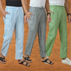 Combo of 3 Men Stripe Cotton Handloom Pant Gray Olive Green and Sky Blue-15157