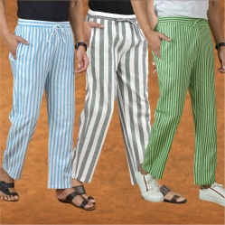Combo of 3 Men Stripe Cotton Handloom Pant Gray Olive Green and Sky Blue-15163