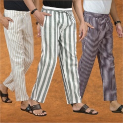 Combo of 3 Men Stripe Cotton Handloom Pant Gray Purple and Beige-15356