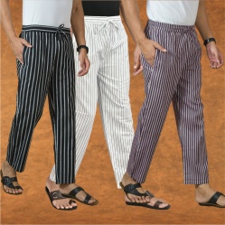 Combo of 3 Men Stripe Cotton Handloom Pant Gray Purple and Black-15441